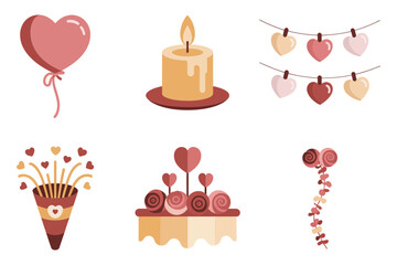 Flat illustration set for Valentine's Day party, featuring heart balloon, candle, garland, fireworks, and bouquet.