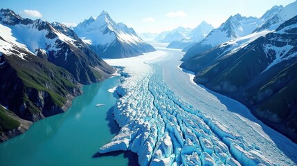 A Majestic Glacial River Valley Carved Through Snow-Capped Mountains, a Breathtaking Aerial View of Pristine Nature