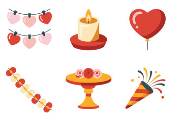 Flat illustration set for romantic celebration, showing candle, heart garland, dessert table, confetti, and fireworks.