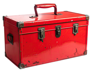 A well-used red metal toolbox with a handle, latches, and corner reinforcements