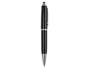 Shiny black ballpoint pen with silver accents, clip, and a metallic tip