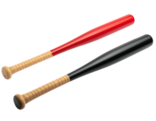 Two wooden baseball bats, one red, one black, angled on black background