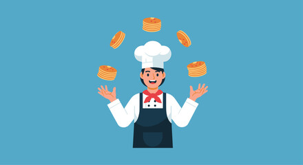 Cheerful chef juggling delicious pancakes with a smile, perfect for breakfast promotions and family dining adverts, food design and culinary blogs