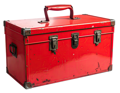 A well-used red metal toolbox with a handle, latches, and corner reinforcements