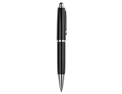 Shiny black ballpoint pen with silver accents, clip, and a metallic tip