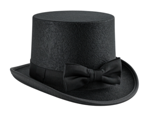 A classic black top hat with a black bow and a wide, rounded brim