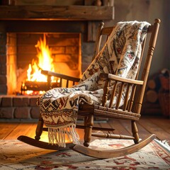 Cozy scene wooden rocking chair with warm blanket near a fireplace