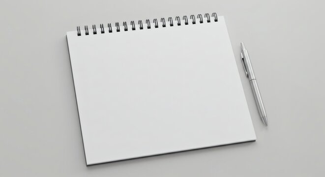 Clean spiral-bound notebook with crisp blank pages and a sleek pen resting on a serene gray background, inviting creative ideas and detailed planning