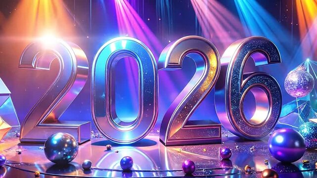 Striking 2026 metallic numbers illuminated by vibrant stage lights, casting a celebratory atmosphere with reflective spheres