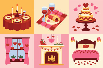 Flat illustration set for romantic celebration, showing fireplace, bed, cake, and intimate picnic.