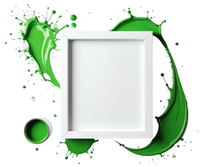 White framed space with green paint splatters and paint can on black background