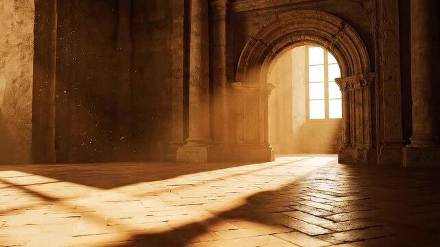 Sunlight streams through arched windows illuminating the stone floor of an ancient hall creating a dramatic and atmospheric scene