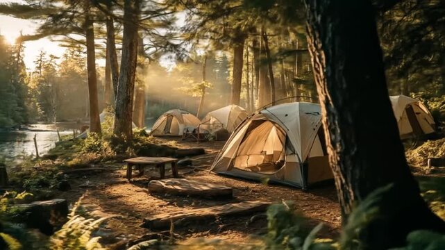 Sunlit forest campsite with tents beside a tranquil river
