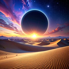 Desert landscape with an eclipse and starry night sky