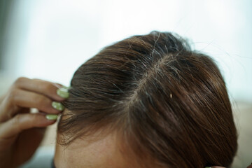 Fototapeta premium Asian woman plucking gray hair while looking in mirror at home.