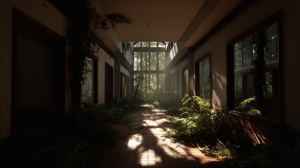 Abandoned hallway overgrown with lush green vegetation, sunlight streaming through a glass ceiling, creating a postapocalyptic, nature reclaiming scene