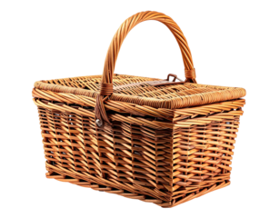 A detailed, textured, wicker basket with a handle, closed lid, and leather closures