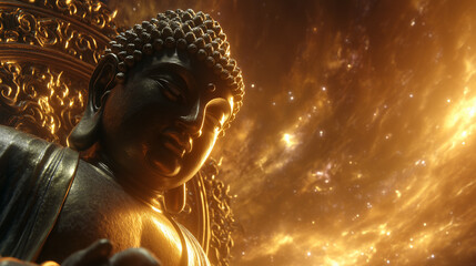 Golden Buddha in the cosmic light of wisdom