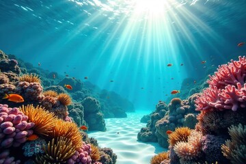 Sunbeams Illuminate Vibrant Underwater Coral Reef Ecosystem with Colorful Fish