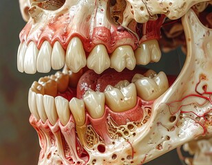 Detailed anatomical view of human skull, teeth, and soft tissues