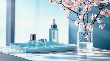 A serene arrangement of blue-tinted skincare bottles and a vase of delicate pink cherry blossoms bathed in soft, natural light.