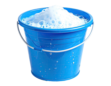 A blue plastic pail brimming with frothy white suds, water droplets visible