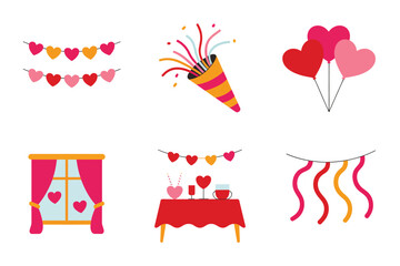 Flat illustration set for Valentine's Day party, featuring confetti, balloons, hearts, and romantic dinner table.
