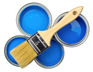 Open blue paint cans with a paintbrush, bright colors and clean lines