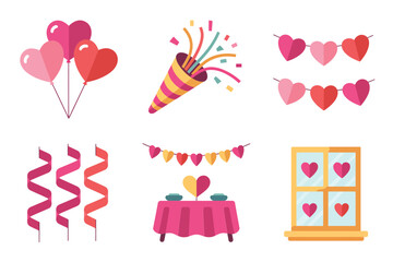 Flat color block illustration set for romantic celebration, featuring confetti, balloons, hearts, table, and streamer decor.