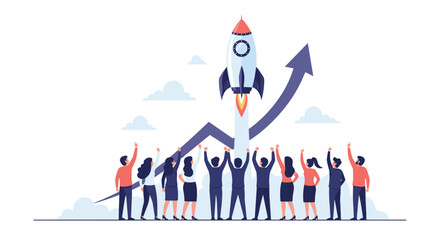 Dynamic team celebrating business growth with rocket launch and upward trend, showing success and positive momentum for startup ventures