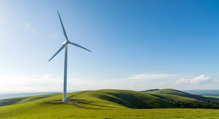 Renewable Wind Energy Turbine on Hilltop Against Blue Sky