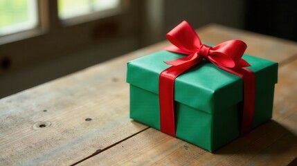 A beautifully wrapped emerald green present with a vibrant red ribbon sits on a rustic wooden surface, bathed in soft natural light filtering through a nearby window.