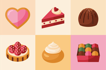 Flat illustration set for romantic desserts, featuring cake slice, pie, chocolate truffle, and sweet pastries.