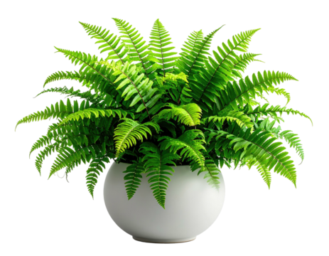 Lush green fern plant overflowing a smooth, white, spherical ceramic pot