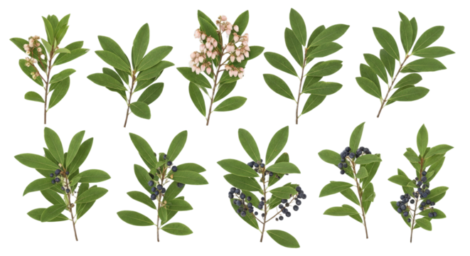 Collection Of Autumn Berry Branches With Green Leaves And Pink Flowers isolated on Transparent Background