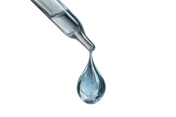 Pipette dropper releasing clear liquid drop on transparent background, symbolizing science, beauty, and healthcare research