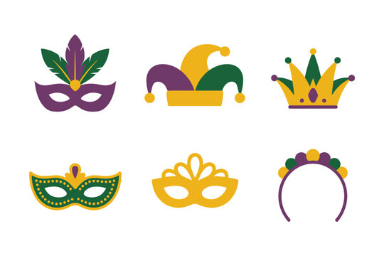 Flat illustration set for Mardi Gras masks, featuring jester hat, mask, crown, and decorative headband.