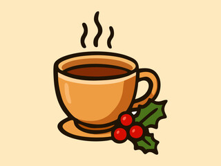 A steaming cup of tea with holly beside it