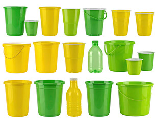 Assorted containers, cups, and bottles in green and yellow, against a black backdrop