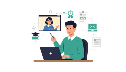 Engaging online tutoring session with a cheerful teacher on a laptop screen for remote learning success and professional growth
