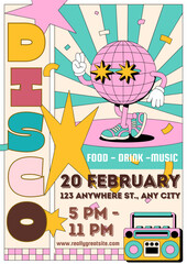 Disco event poster with a cartoon disco ball and retro design elements