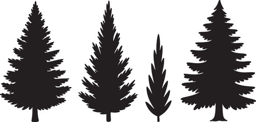 Set of four stylized black silhouettes of coniferous trees, varying in height and shape, presented against a stark white background, ideal for graphic design and naturethemed projects