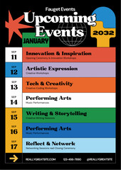 Upcoming fauget events poster with a colorful design and retro aesthetic