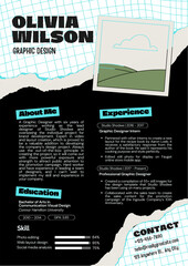 Graphic design resume featuring skills, experience, and contact information