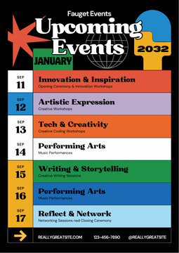 Upcoming fauget events poster with a colorful design and retro aesthetic