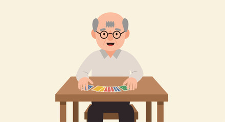 Happy senior man enjoying a card game at home, relaxing with his favorite hobby, promoting mental acuity and social connection