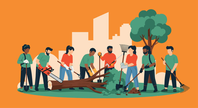 Diverse volunteers beautifying city park with rakes, shovels, and chainsaw, fostering community spirit during a vibrant outdoor cleanup project