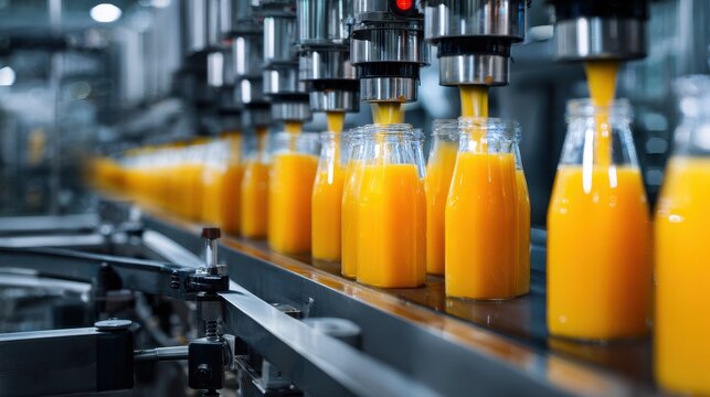 Beautiful photo of modern factory produces vibrant orange juice with robotic precision and efficiency during daytime operations.