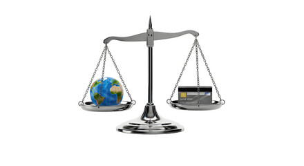 A conceptual image featuring a balance scale with a globe on one side and a credit card on the other, symbolizing global finance and economics, isolated on transparent background