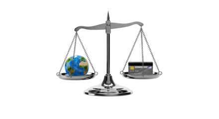 A conceptual image featuring a balance scale with a globe on one side and a credit card on the other, symbolizing global finance and economics, isolated on transparent background